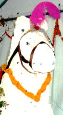 A white flower covered horse float